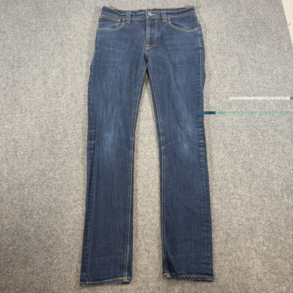 Nudie Jeans Mens 32x34 (Fits 29x32) Blue Thin Finn Slim Skinny Organic Dark Wash